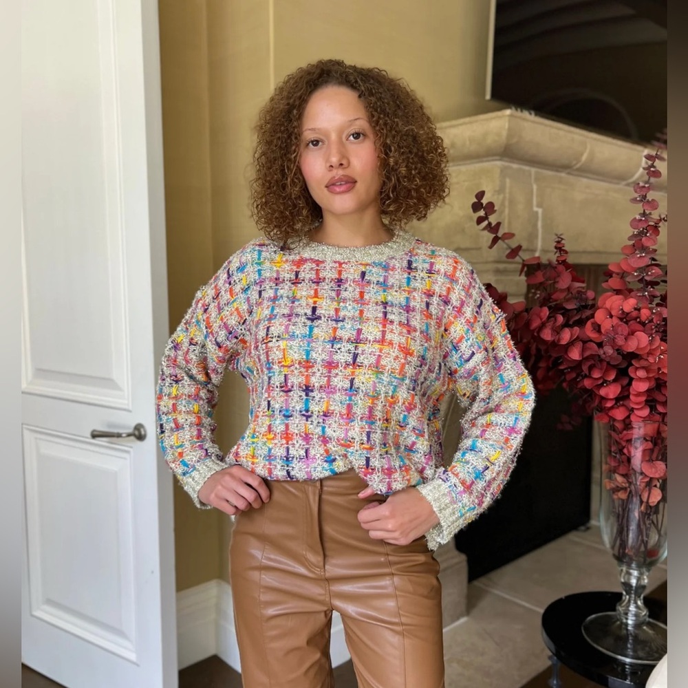 Antropologie Stellah Multicolor Gold Sparkle Tweed Sweater Size S